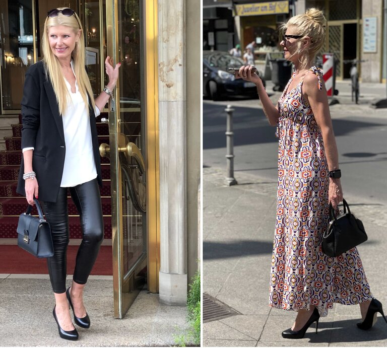 Collage: Zwei modische Outfits zeigen stilvolle Kontraste: Business-Look mit Tasche links, luftiges Retro-Maxikleid im Straßenbild rechts. | © Renate Zott