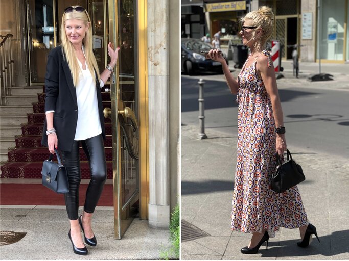 Collage: Zwei modische Outfits zeigen stilvolle Kontraste: Business-Look mit Tasche links, luftiges Retro-Maxikleid im Straßenbild rechts. | © Renate Zott