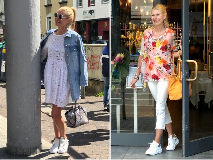 Collage: Zwei sommerliche Outfits im Stadtbild: links verspielt mit Lochspitze, rechts blumig-elegant – beide kombiniert mit Sneakers. | © Renate Zott