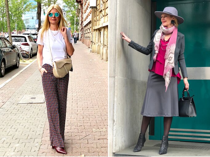 Collage: Zwei modebewusste Outfits zeigen kontrastreiche Streetstyles: lässig-modern links, klassisch-elegant mit Hut und Tasche rechts. | © Renate Zott