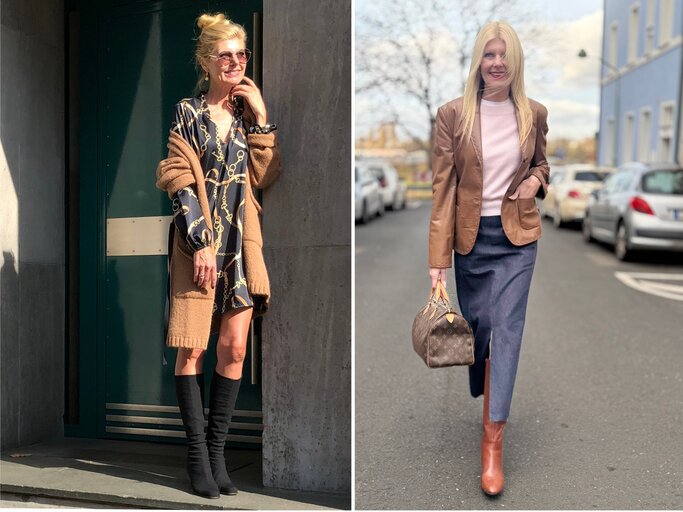 Collage: Zwei elegante Looks mit Braun- und Beigetönen: links lässig im Mini-Dress, rechts klassisch in Rock und Lederblazer. | © Renate Zott
