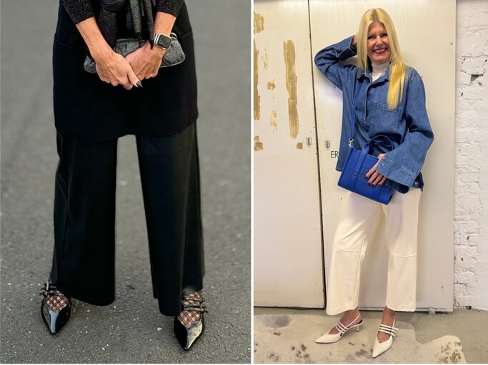 Collage: Zwei stilvolle Outfits im Kontrast: elegantes Schwarz mit Lackschuhen links, lässiger Denim-Chic mit hellen Tönen rechts. | © Renate Zott