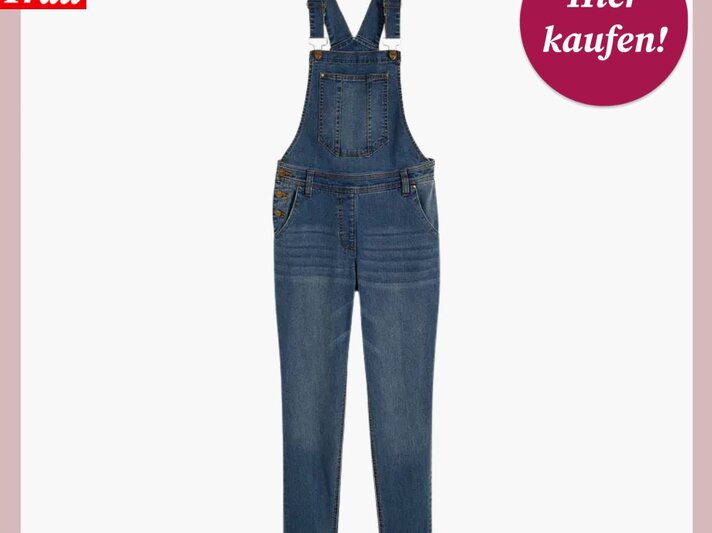 Modische Damen-Latzhose aus Jeansstoff mit verstellbaren Trägern und lässigem Look, beworben von "Bild der Frau". | © Bonprix