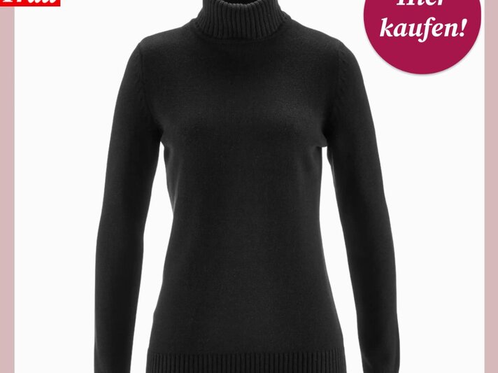 Schwarzer Rollkragenpullover in klassischem Design, figurbetont mit langen Ärmeln und geripptem Kragen auf weißem Hintergrund. | © Collage: Bonprix; BILD der FRAU