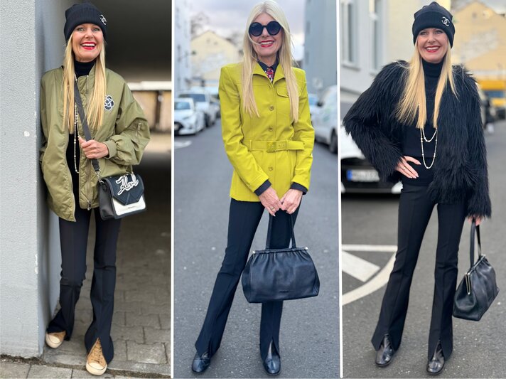 Blonde Frau mit langen Haaren trägt in drei Outfits Bomberjacke, gelben Blazer und schwarzen Kunstfellmantel, lächelnd auf urbaner Straße. | © Renate Zott