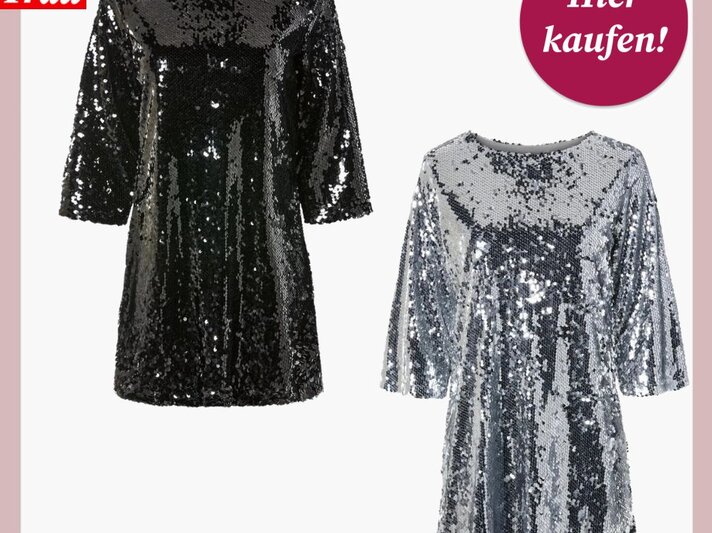 Zwei glitzernde Minikleider aus Pailletten in Schwarz und Silber, beide mit halblangen Ärmeln und Rundhalsausschnitt auf weißem Hintergrund. | © Lidl 