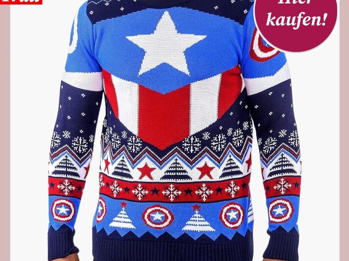 Weihnachtspullover in Blau, Rot und Weiß mit großem Stern, Schneeflocken und Schildmotiven, inspiriert vom Captain-America-Design. | © Amazon