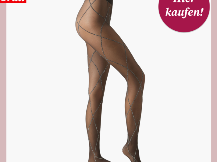 Werbebild von Strumpfhose mit überkreuztem Glitzermuster. | © Calzedonia