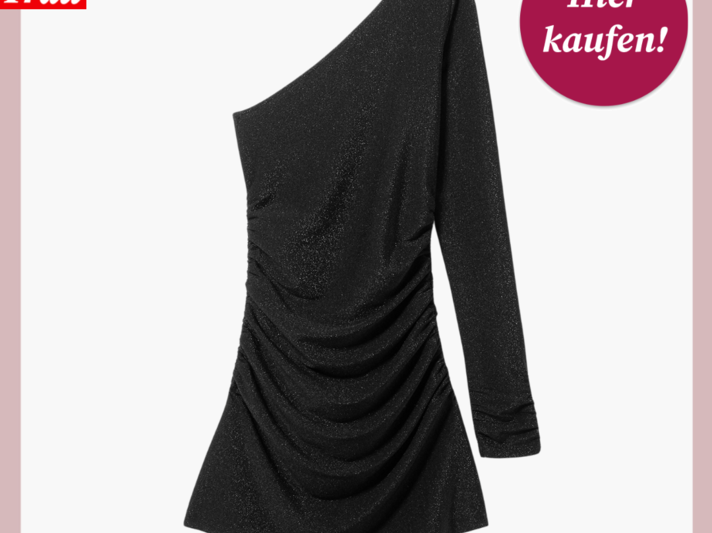 Werbebild on einem ausgestellten One-Shoulder-Kleid in glitzerndem Schwarz. | © Monki