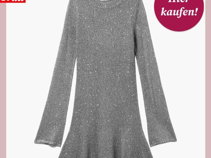 Werbebild von grauem Strickkleid mit Pailletten und ausgestellten Ärmeln. | © Monki