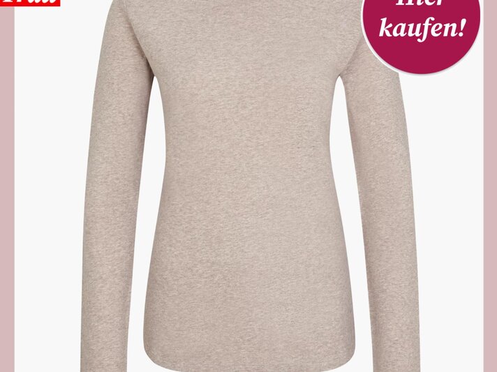 Ein eleganter beiger Kaschmir-Sweater auf weißem Hintergrund, mit einem „BILD der FRAU“-Symbol oben links und einem „Hier kaufen“-Button oben rechts. | © Juvia