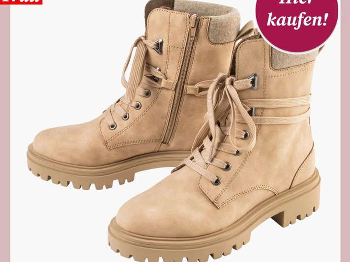 Stylische Winterstiefeletten in Beige mit Schnürung, Reißverschluss und markanter Sohle. | © Lidl