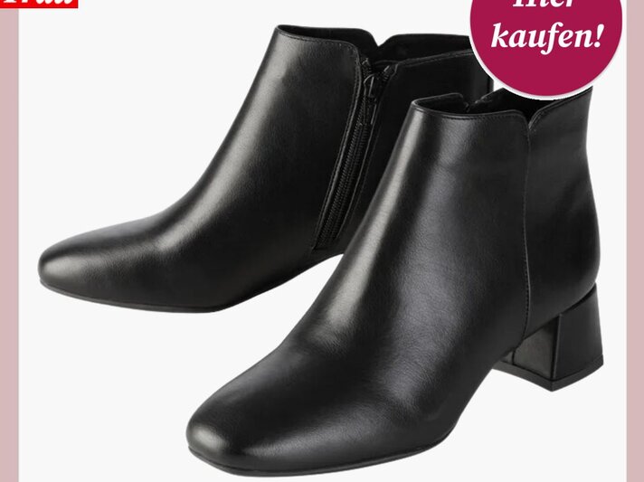 Schwarze, knöchelhohe Damen-Stiefeletten mit Blockabsatz und seitlichem Reißverschluss auf weißem Hintergrund. | © Lidl