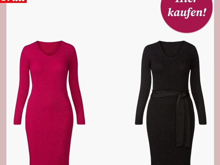 Zwei eng anliegende Strickkleider, links in kräftigem Pink, rechts in Schwarz mit Taillengürtel, vor weißem Hintergrund. | © Lidl 