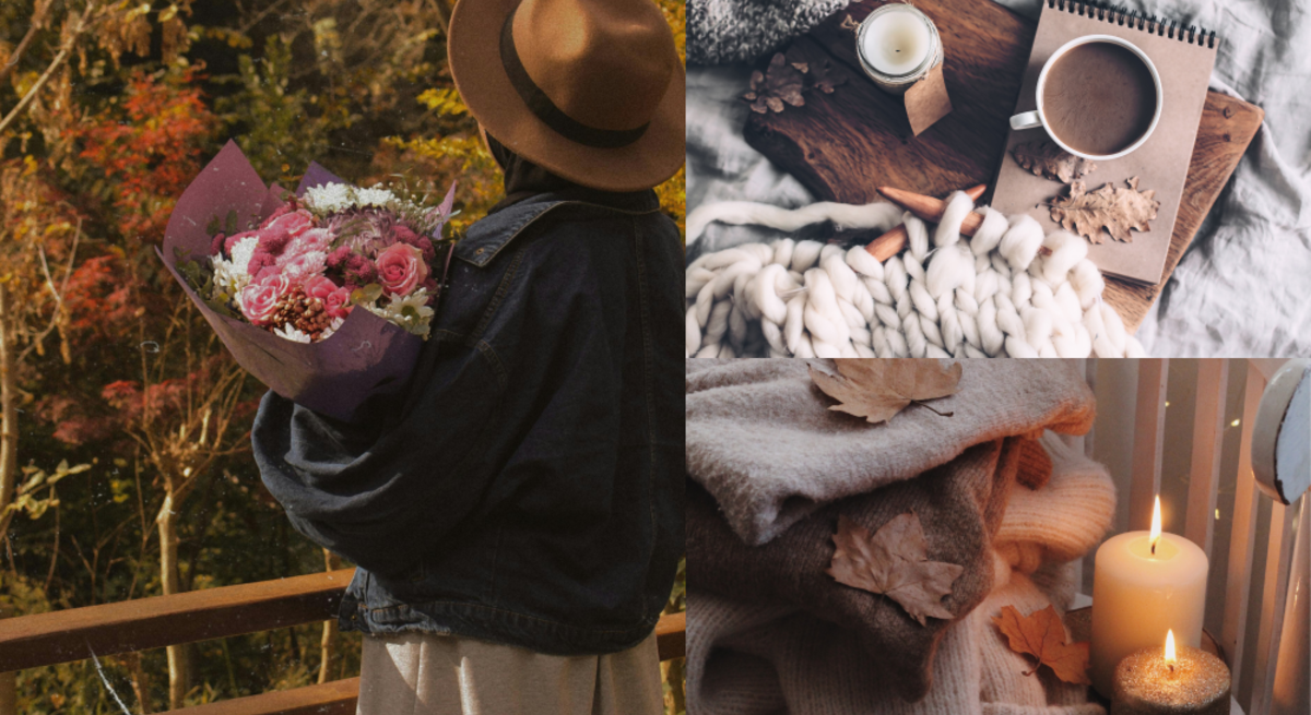 Frau im Strickkleid von Lidl  mit Blumenstrauß vor Herbstwald, daneben Decken, Kerzen, Kaffee und Notizbuch auf kuschelig dekorierten Flächen.
