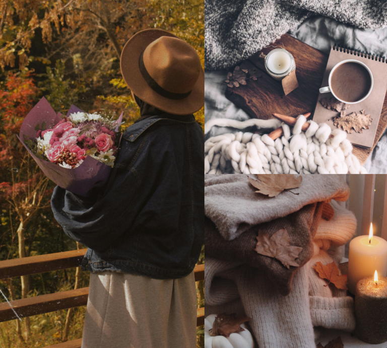  Frau im Strickkleid von Lidl  mit Blumenstrauß vor Herbstwald, daneben Decken, Kerzen, Kaffee und Notizbuch auf kuschelig dekorierten Flächen. | © Canva/Collage:bildderfrau.de