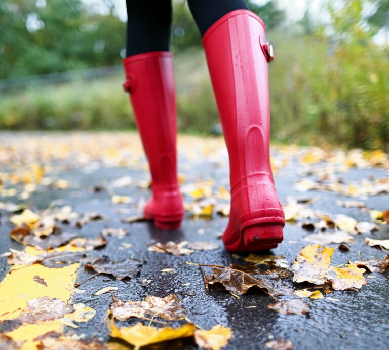 Rote Gummistiefel treten auf einen nassen Asphaltweg, bedeckt mit bunten Herbstblättern, umgeben von grüner Vegetation. | © Adobe Stock/ Maridav