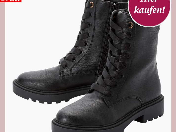Schwarze Schnürstiefel aus Leder mit seitlichem Reißverschluss und robuster Profilsohle vor weißem Hintergrund. | © Lidl