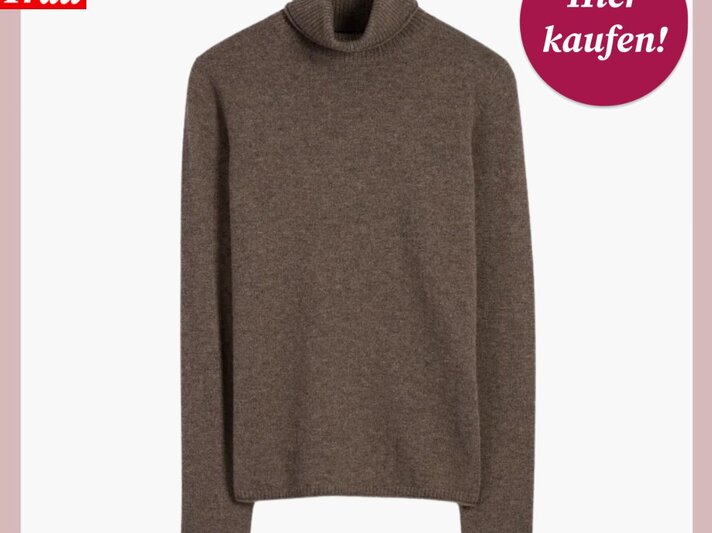 Schlichter brauner Rollkragenpullover aus Strick vor weißem Hintergrund, daneben ein roter Button mit der Aufschrift "Hier kaufen!". | © C&A