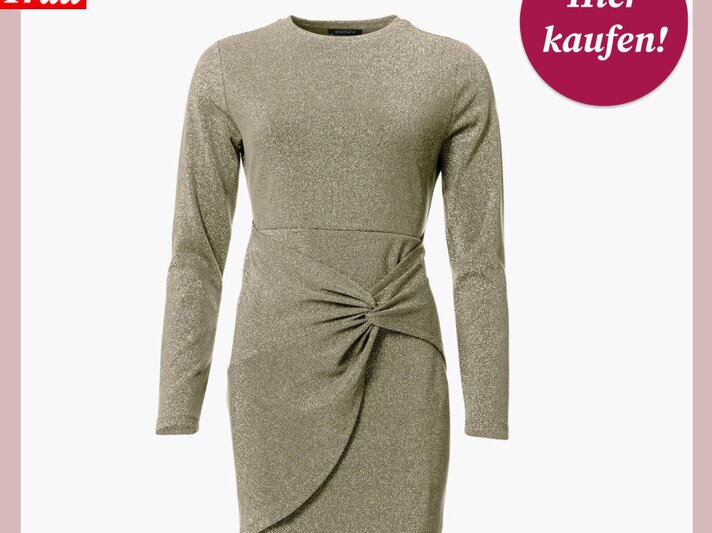 Knielanges, goldglänzendes Kleid mit langen Ärmeln und drapiertem Knoten an der Taille vor weißem Hintergrund. | © Lidl 