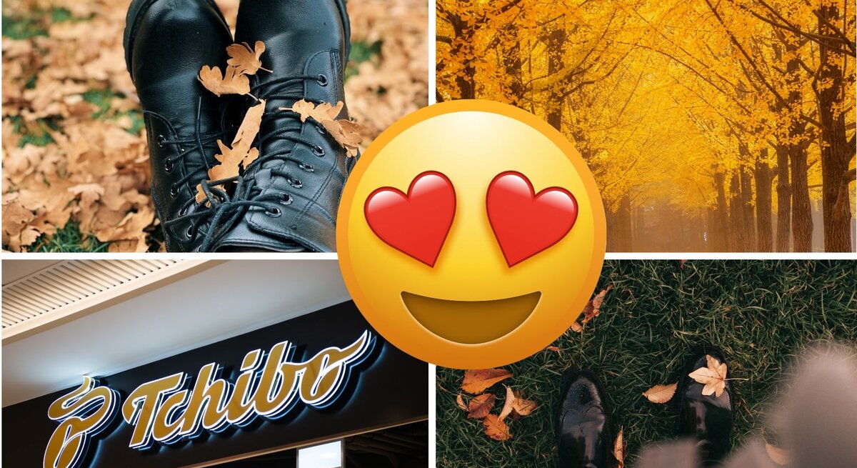 Collage mit schwarzen Schuhen auf Laub, goldener Baumallee im Herbst, Tchibo-Logo im Geschäft und glänzenden Schuhen auf Gras.
