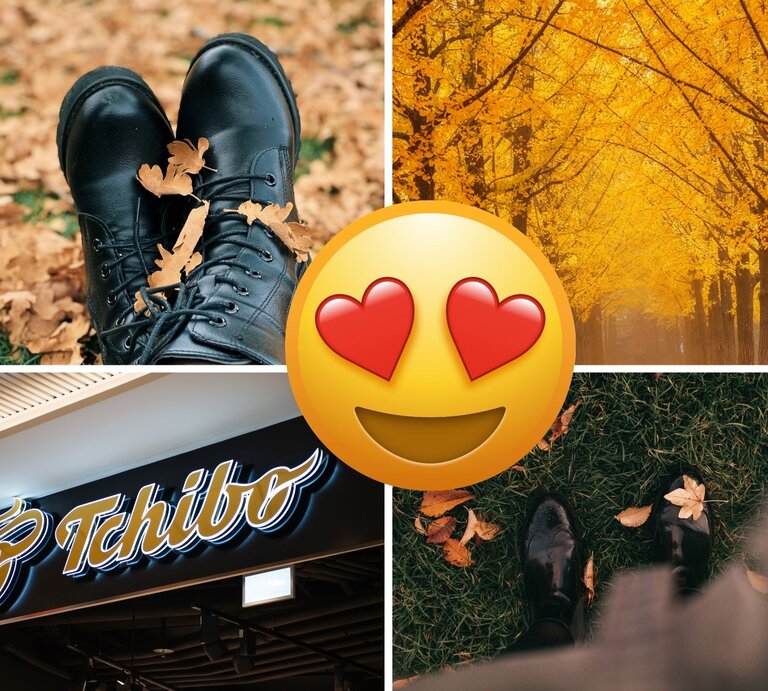 Collage mit schwarzen Schuhen auf Laub, goldener Baumallee im Herbst, Tchibo-Logo im Geschäft und glänzenden Schuhen auf Gras. | © Collage: BILD der FRAU/ Canva