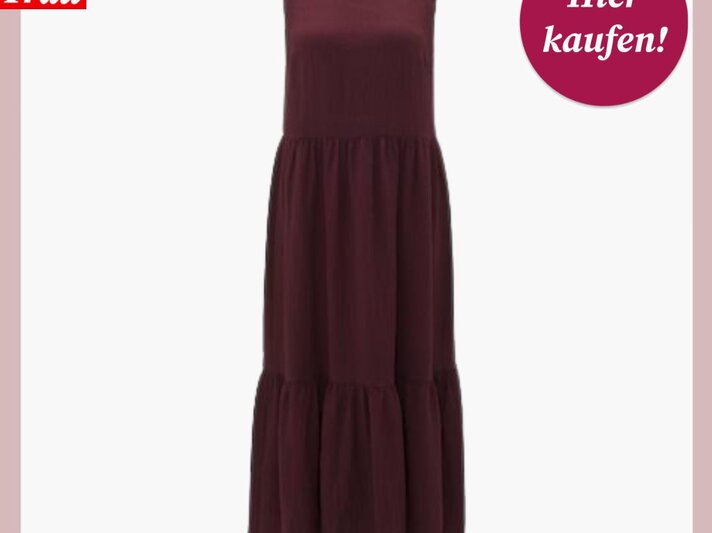 Elegantes burgunderfarbenes Sommerkleid mit weiter Passform, beworben von Bild der Frau mit "Hier kaufen!"-Button. | © Opus