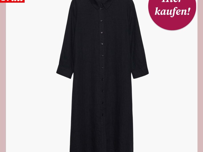 Schwarzes, knielanges Hemdblusenkleid mit langen Ärmeln und durchgehender Knopfleiste auf weißem Hintergrund. | © Someday
