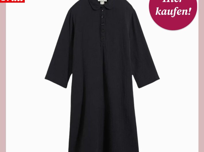 Schwarzes, knielanges Hemdkleid mit 3/4-Ärmeln, Kragen und kurzer Knopfleiste, schlicht auf hellem Hintergrund präsentiert. | © Bonprix/ Collage: bildderfrau.de
