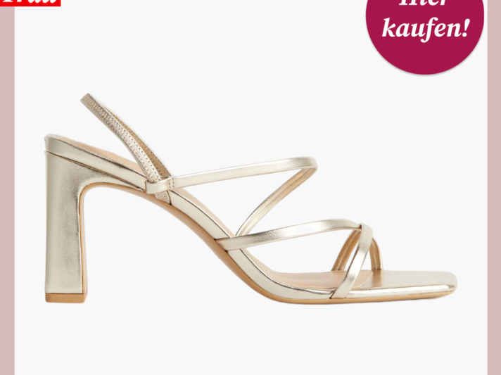 Werbebild von Sandalen mit Block-Absatz. Die Schuhe haben schmale Riemen und eine Metalloptik | © H&M