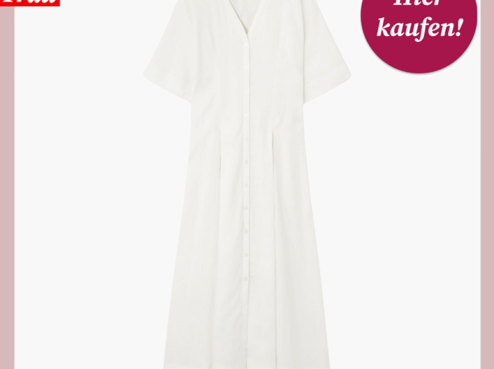 Werbebild von einem weißen Kleid. Das Kleid hat einen V-Ausschnitt und ist aus Leinen. | © COS