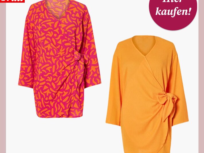 Links ein pink-orange gemustertes Kleid, rechts ein einfarbiges oranges Kleid mit Schleife, auf weißem Hintergrund. | © Lidl