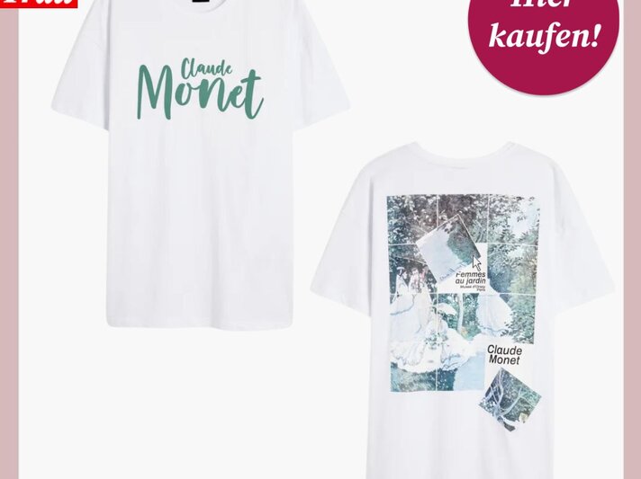 Vorder- und Rückseite eines weißen T-Shirts mit grünem "Claude Monet"-Schriftzug und einem Gemälde-Print mit dem Titel "Femmes au jardin". | © C&A