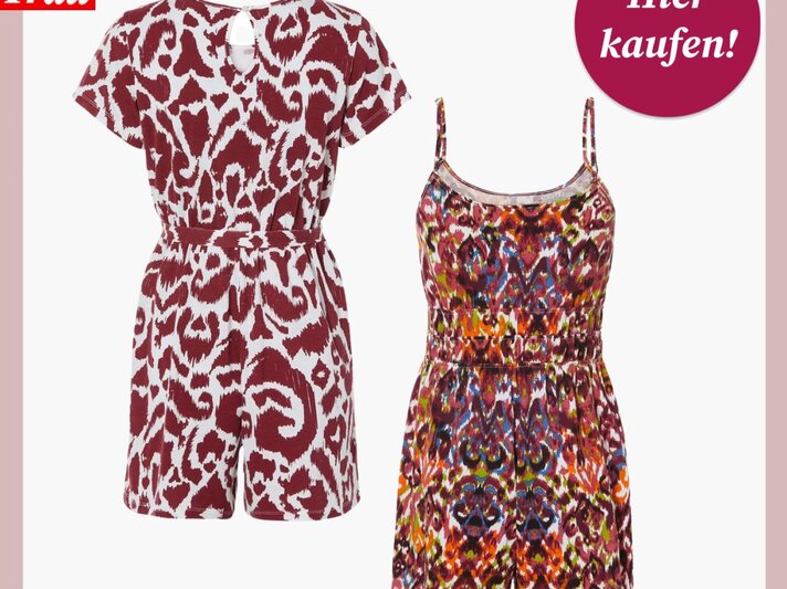 in rot-weißer Kurzarm-Jumpsuit und ein bunt gemusterter Spaghettiträger-Jumpsuit auf weißem Hintergrund, "Hier kaufen!"-Button. | © Lidl