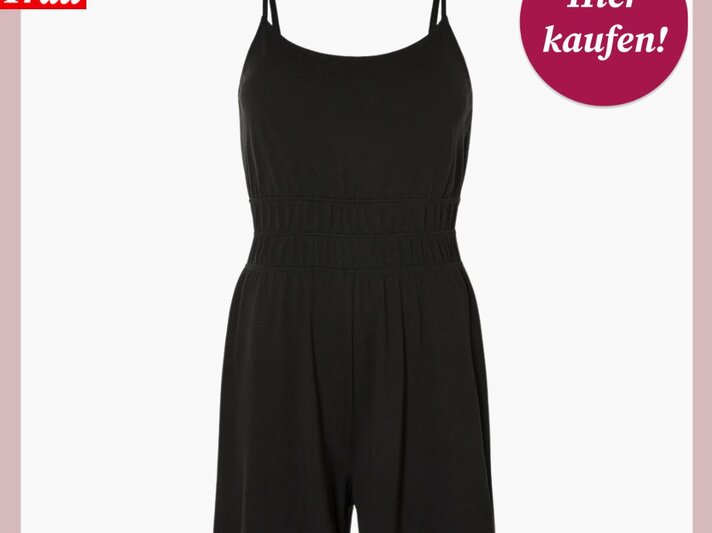 Eleganter schwarzer Jumpsuit mit geraffter Taille und dünnen Trägern, präsentiert von "Bild der Frau". | © Lidl