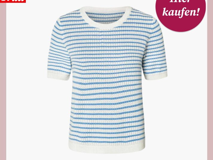 Strickpullover mit blauen und weißen Streifen und rundem Halsausschnitt, beworben von "Bild der Frau". | © Lidl