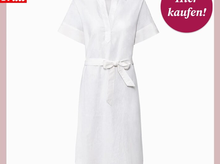 Leicht tailliertes Leinenkleid in Weiß mit kurzen Ärmeln, Bindegürtel und offenem Kragen, freigestellt fotografiert. | © Lidl/ Collage: bildderfrau.de