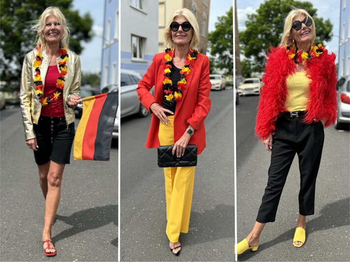 Collage von drei verschiedenen Outfits, die eine Frau trägt, um die Farben der deutschen Flagge zur Unterstützung der EM 2024 zu repräsentieren. Jedes Outfit kombiniert die Farben Schwarz, Rot und Gold auf kreative Weise. | © Renate Zott
