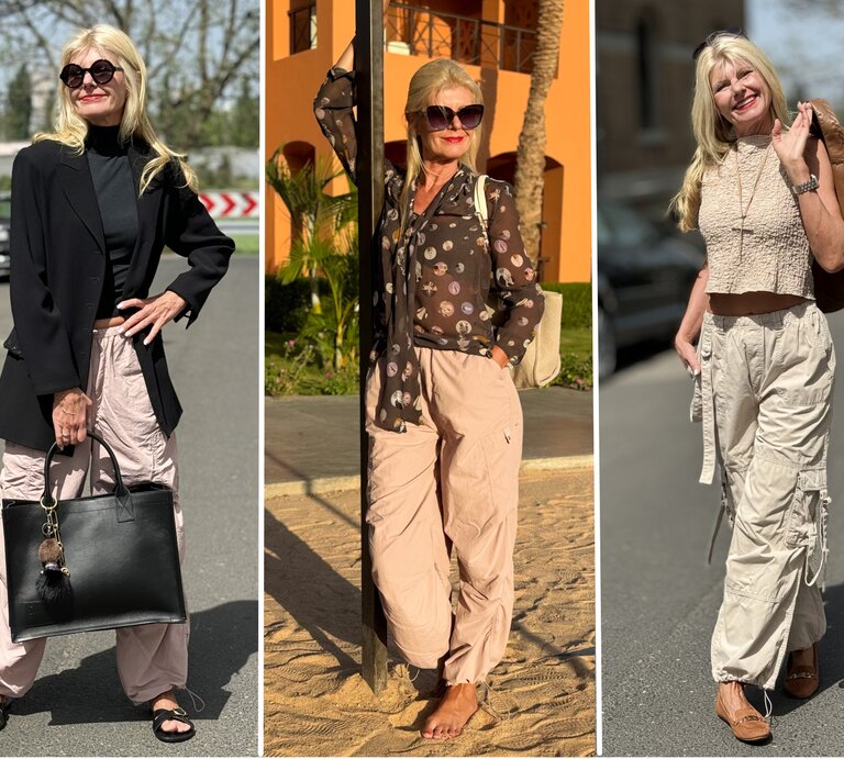 Drei verschiedene Outfits, die von derselben Frau getragen werden, wobei in allen Outfits Fallschirmhosen ein zentrales Element sind. | © Renate Zott
