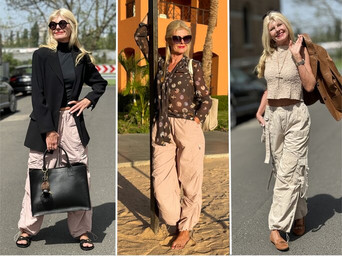 Drei verschiedene Outfits, die von derselben Frau getragen werden, wobei in allen Outfits Fallschirmhosen ein zentrales Element sind. | © Renate Zott