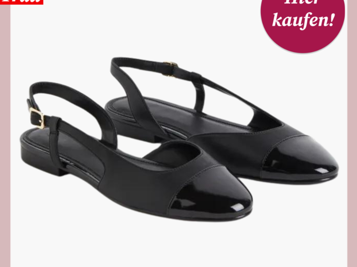 Werbebild von Slingeback-Ballerinas in Schwarz. Die Schuhe haben eine Lackkappe und Riemen an der Ferse. | © H&M
