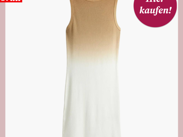 Werbebild von einem gerippten Sommerkleid. Das Kleid hat einen Farbverlauf von hellem Braun zu Weiß und ist körpernah geschnitten. | © H&M