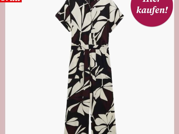 Modischer Jumpsuit mit Schwarz-Weiß-Blumenmuster, kurzärmlig und knielang, präsentiert von BILD der FRAU | © Someday