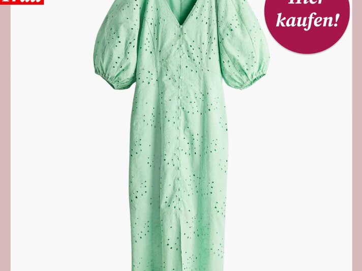 Elegantes, grünes Sommerkleid mit Lochstickerei, präsentiert von "Bild der Frau". | © H&M