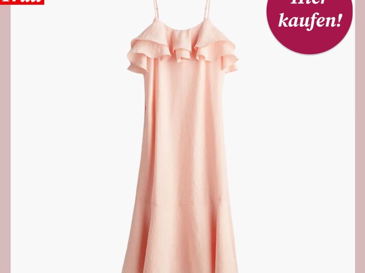 Zartes rosa Kleid mit Volant-Detail und Spaghettiträgern mit "Bild der Frau"-Logo | © H&M