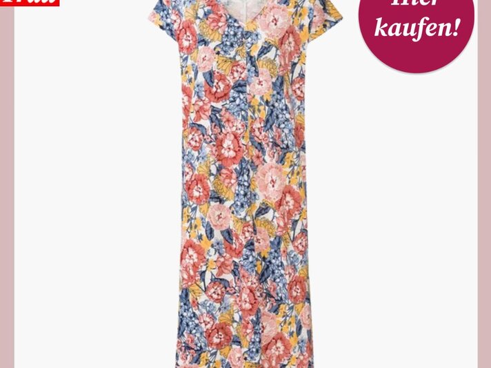 Buntes Sommerkleid mit Blütenmuster, "Bild der Frau"-Emblem und Kaufbutton. | © Lidl