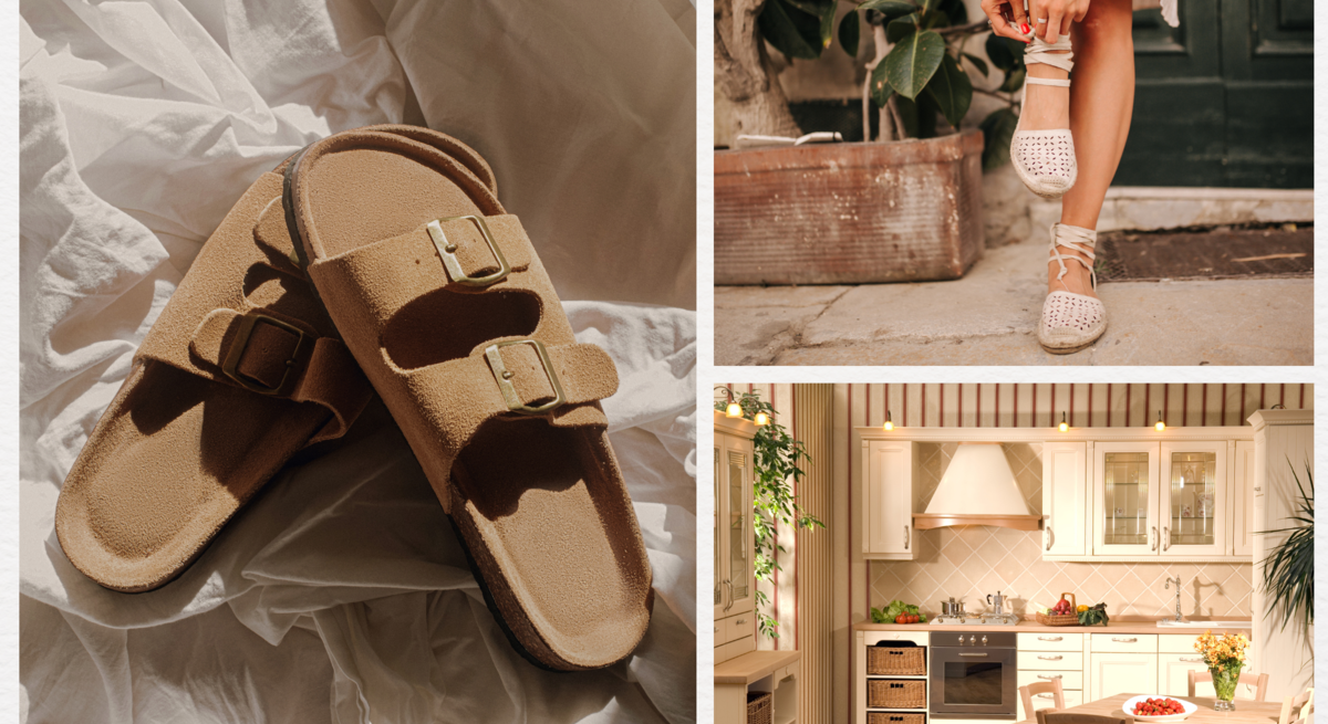 Zwei beige Wildleder-Sandalen mit goldenen Schnallen liegen auf zerknittertem, weißem Stoff im warmen Sonnenlicht.