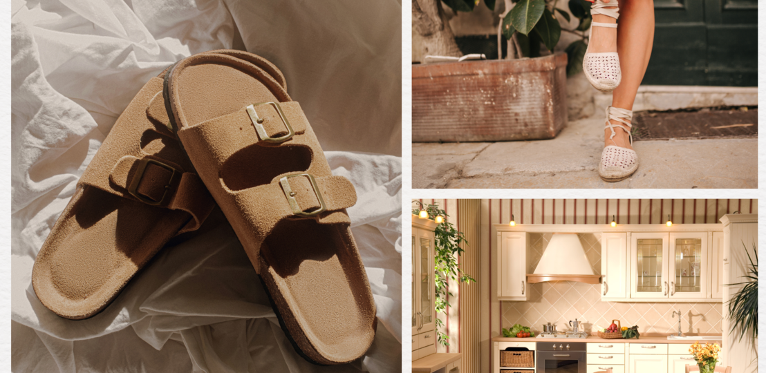 Zwei beige Wildleder-Sandalen mit goldenen Schnallen liegen auf zerknittertem, weißem Stoff im warmen Sonnenlicht. | © Canva/Collage:bildderfrau.de