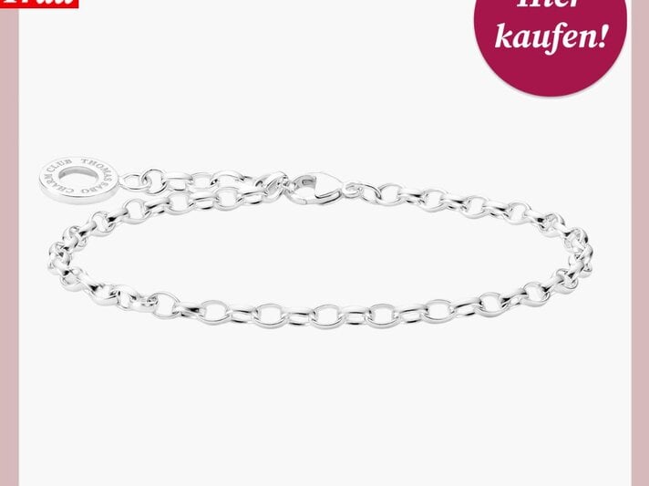 Zartes, silbernes Kettengliederarmband mit "Bild der Frau"-Logo und rotem Kaufhinweis. | © Thomas Sabo
