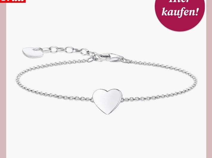 Feines silbernes Herzchen-Armband, umrahmt von "Bild der Frau"-Logo und einem roten Einkaufsknopf. | © Thomas Sabo